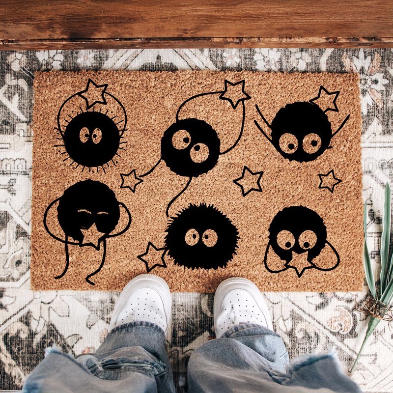 Cute Black Star Dust Bunny Doormat | Whimsical Coir Rug For Anime Room Decor