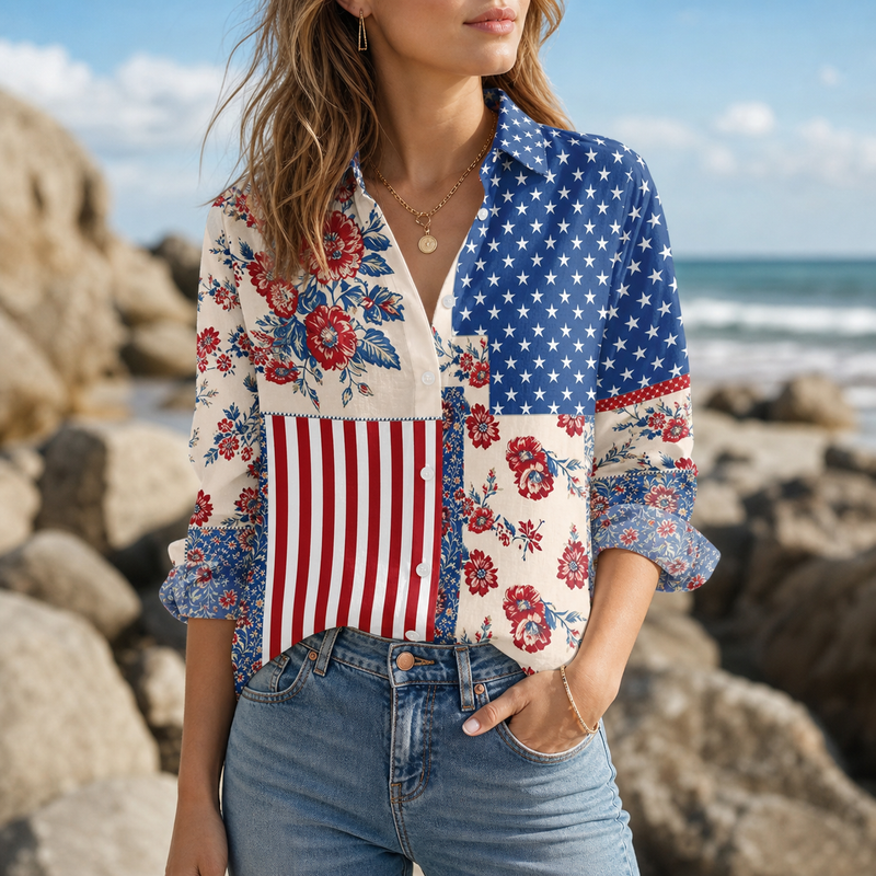 Patriotic Patchwork Floral Women Blouse | Gift For American Women