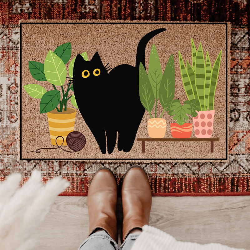 Black Cat Welcome Doormat | Plant Lover Outdoor Rug For Cat Lovers