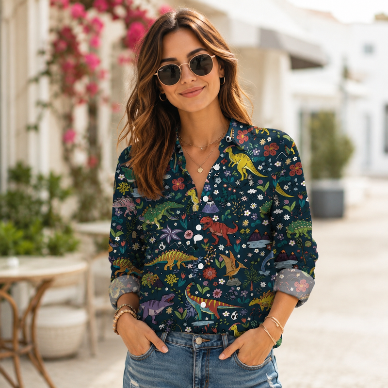 Dinosaur Floral Women Blouse Shirt | Gift For Dinosaur Lovers