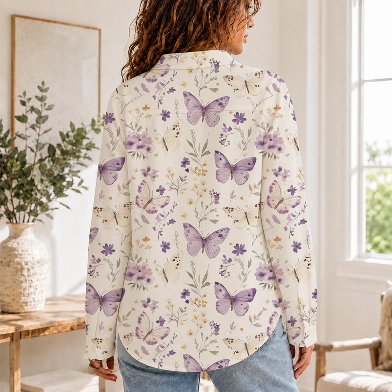 Purple Butterfly Floral Women Blouse Shirt | Gift For Butterfly Lovers