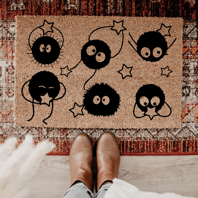 Cute Black Star Dust Bunny Doormat | Whimsical Coir Rug For Anime Room Decor
