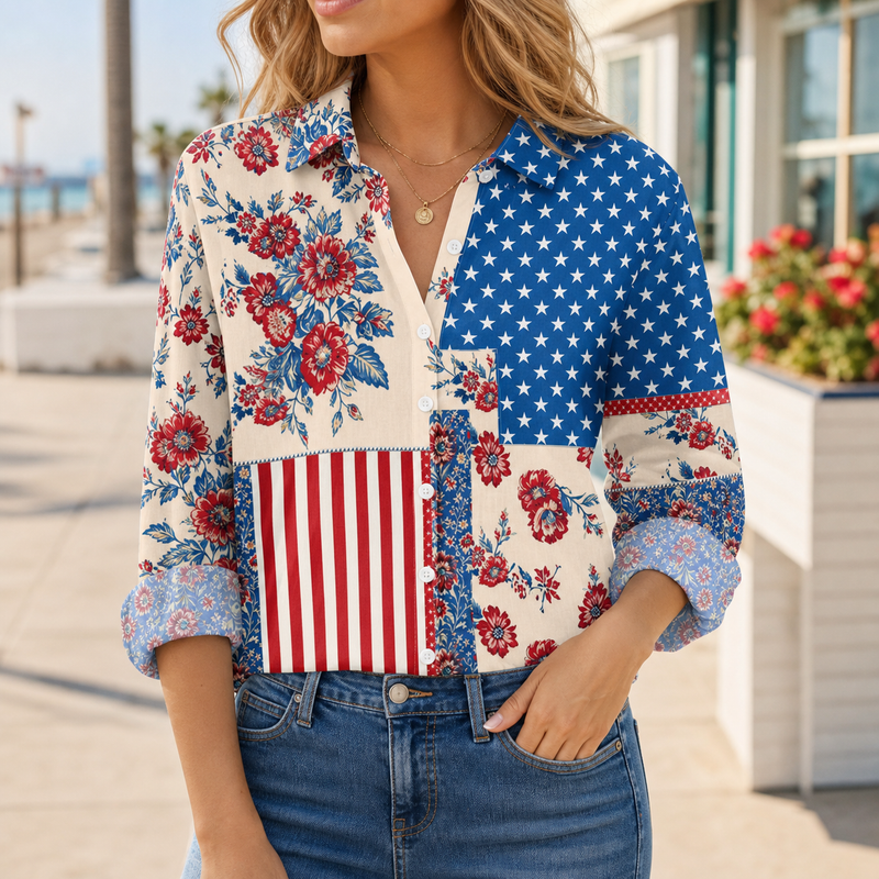 Patriotic Patchwork Floral Women Blouse | Gift For American Women