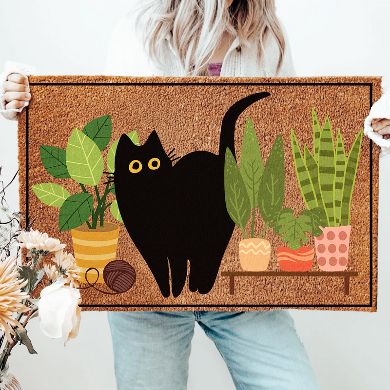 Black Cat Welcome Doormat | Plant Lover Outdoor Rug For Cat Lovers