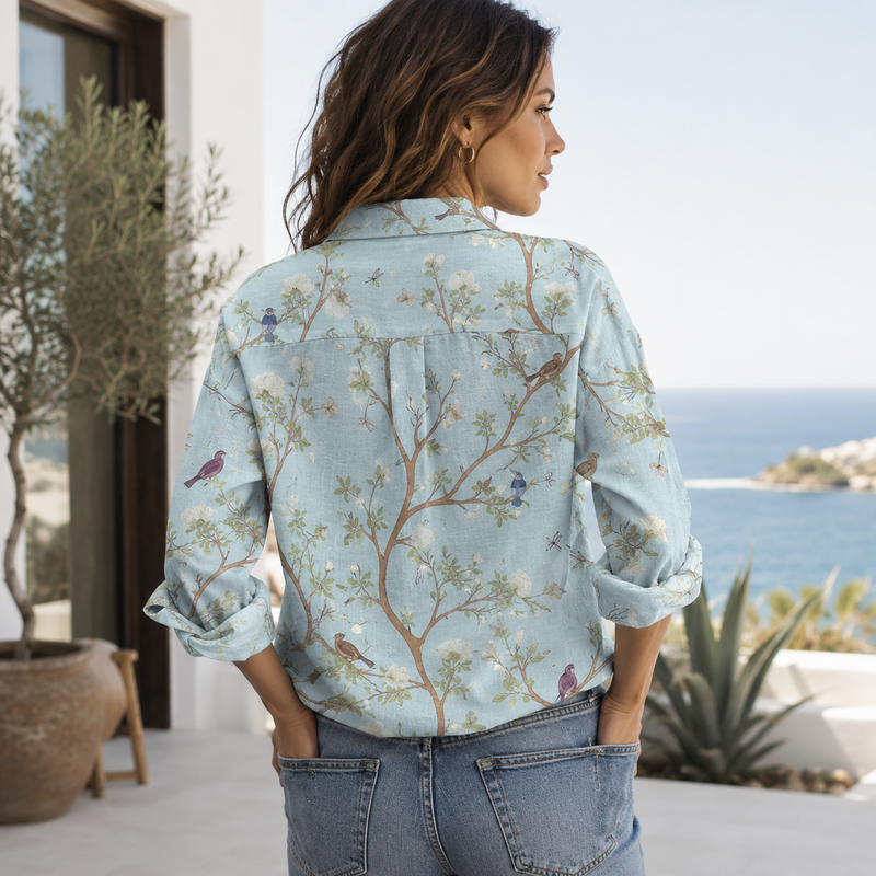 Vintage Blue Toile Bird Blossom Blouse Shirt | Gift For Bird Lovers