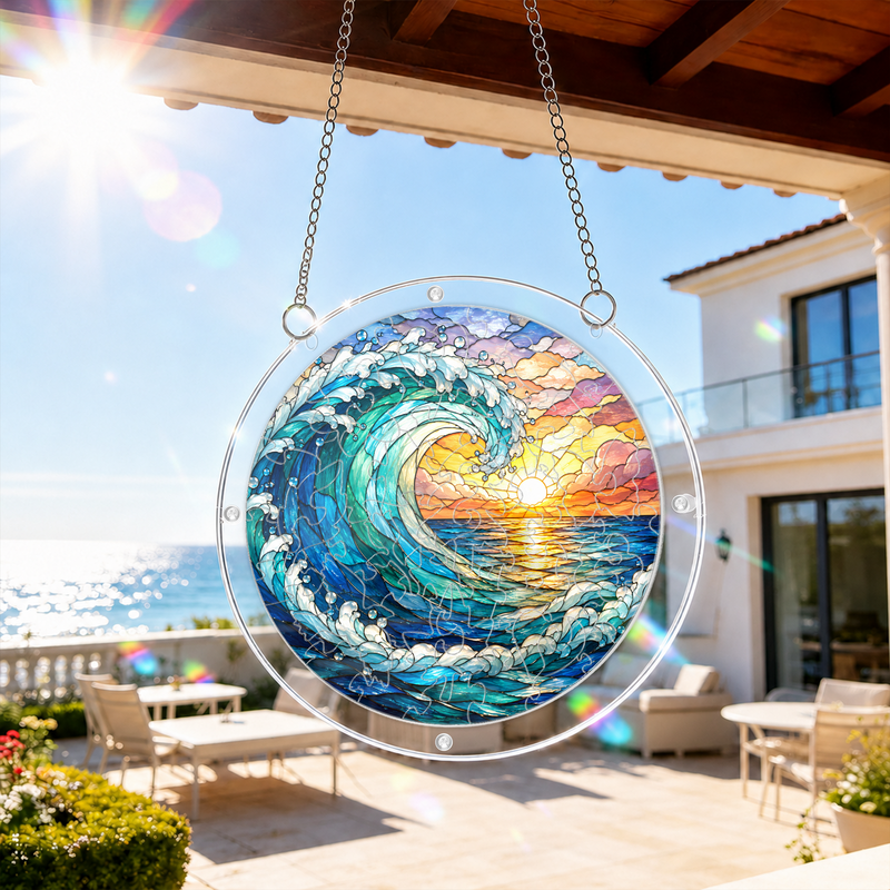 Ocean Wave Acrylic Puzzle Suncatcher, Coastal Window Hanging Decor, Gift for Beach Lovers