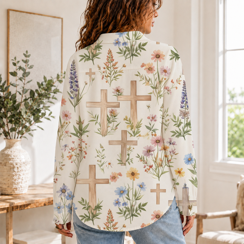 Floral Cross Women Blouse Shirt | Gift For Christian Women
