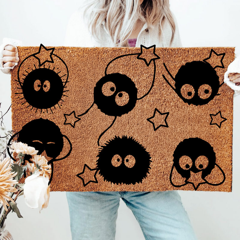Cute Black Star Dust Bunny Doormat | Whimsical Coir Rug For Anime Room Decor