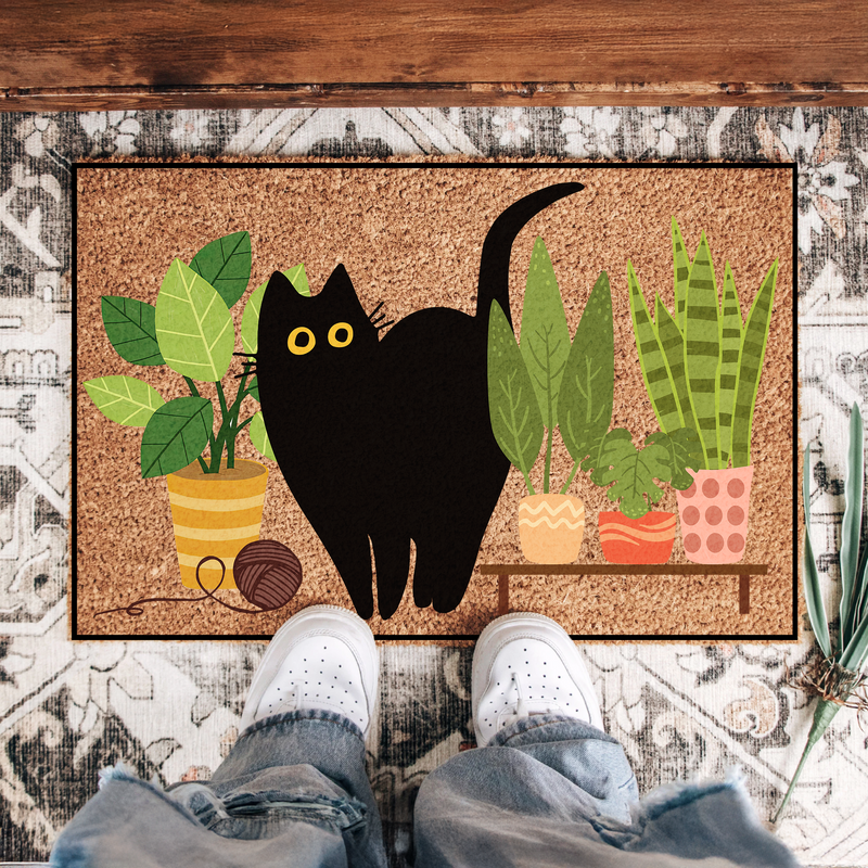Black Cat Welcome Doormat | Plant Lover Outdoor Rug For Cat Lovers