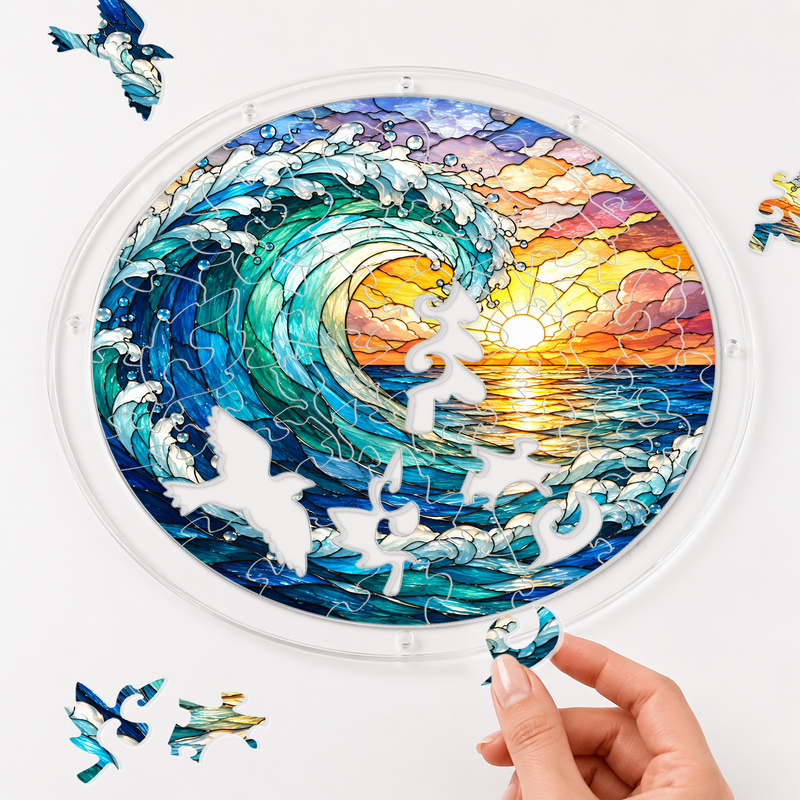 Ocean Wave Acrylic Puzzle Suncatcher, Coastal Window Hanging Decor, Gift for Beach Lovers