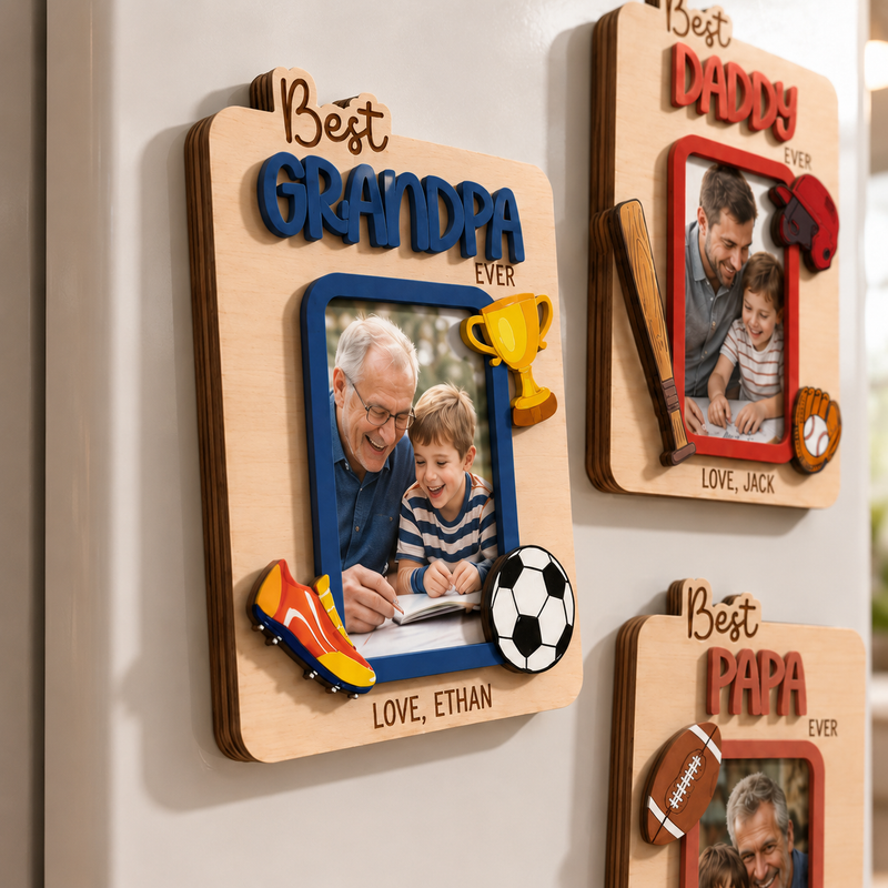 Personalized Father’s Day Photo Magnet – Sports Dad Fridge Frame Gift from Kids