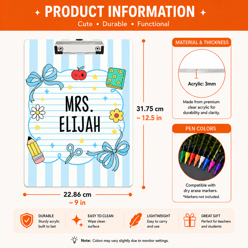 Custom Acrylic Paper Clipboard | Gift for Teachers | Durable Clear Clipboard for Office & School Supplies