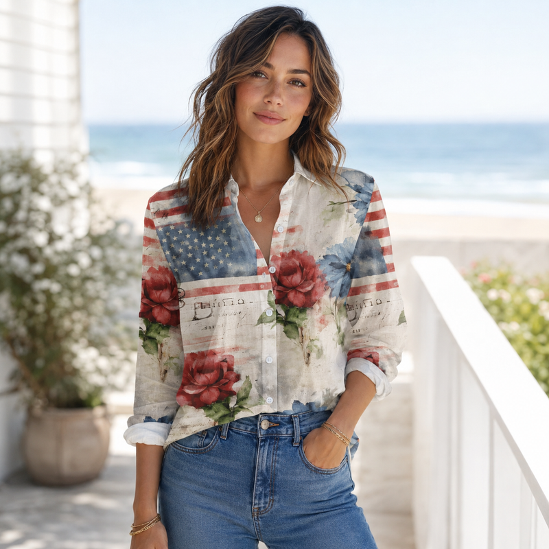 Vintage American Flag Rose Women Blouse | Gift For Patriotic Women