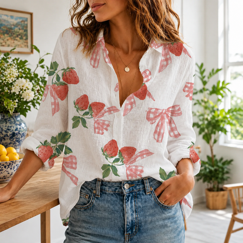 Strawberry Bow Women Blouse Shirt | Gift For Strawberry Lovers