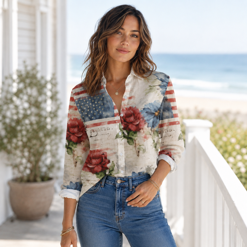 Vintage American Flag Rose Women Blouse | Gift For Patriotic Women