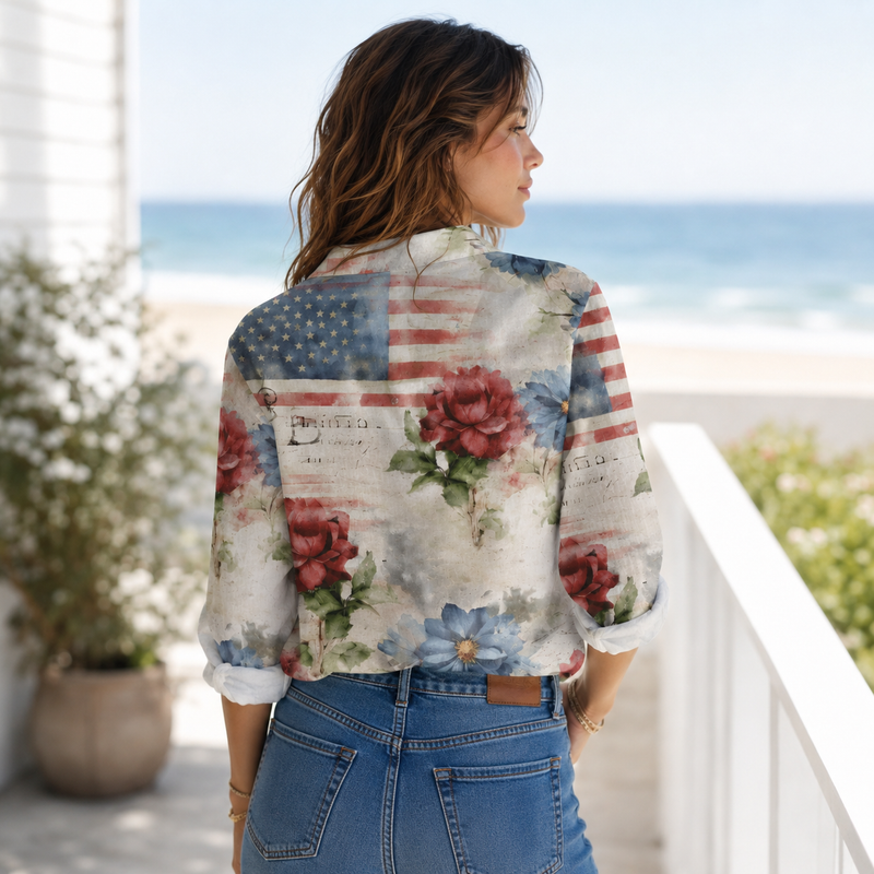Vintage American Flag Rose Women Blouse | Gift For Patriotic Women