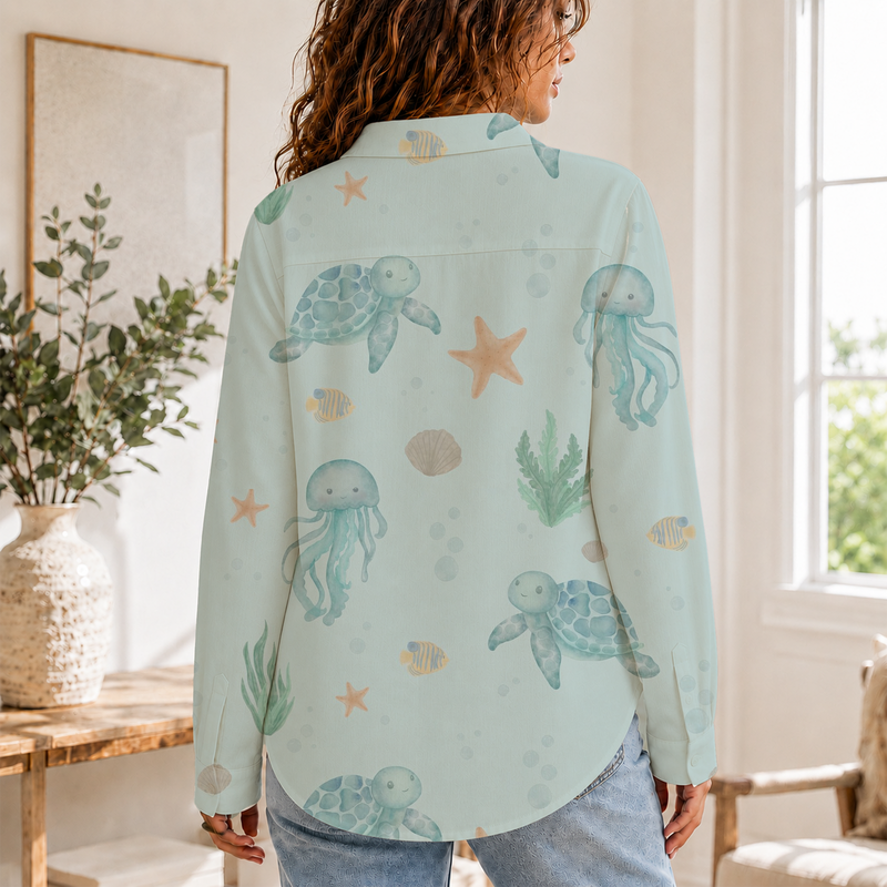 Sea Turtle Jellyfish Beach Summer Blouse Shirt | Gift For Turtle Lovers