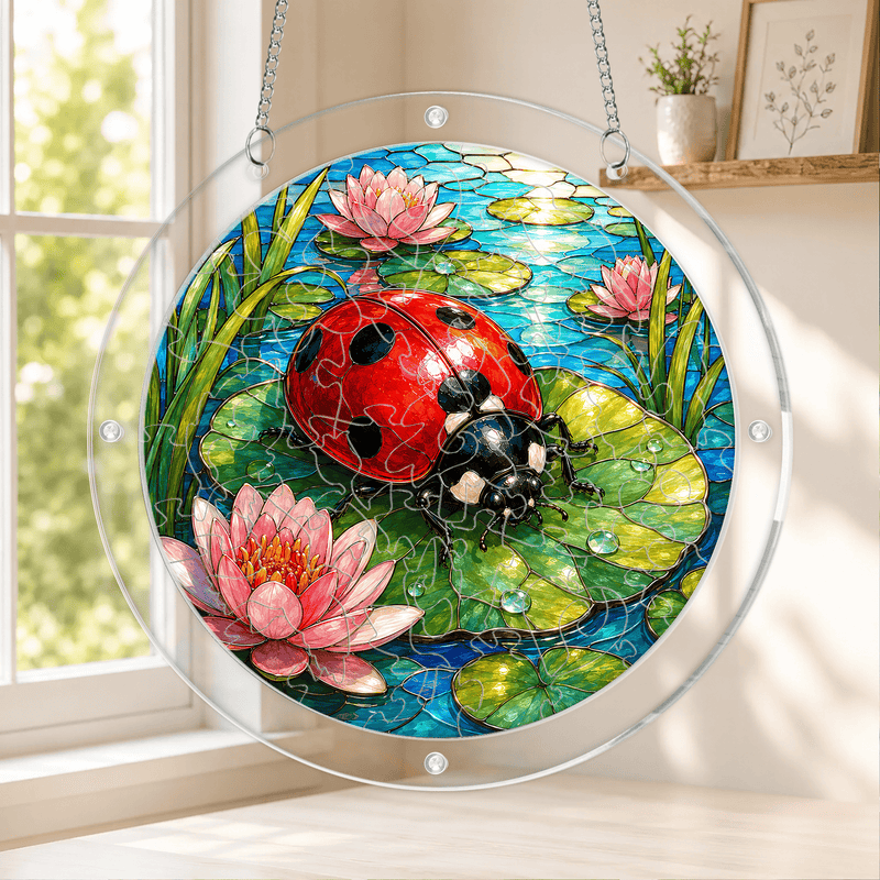 Ladybug Lotus Acrylic Puzzle Suncatcher, Window Hanging Decor, Gift for Nature Lovers