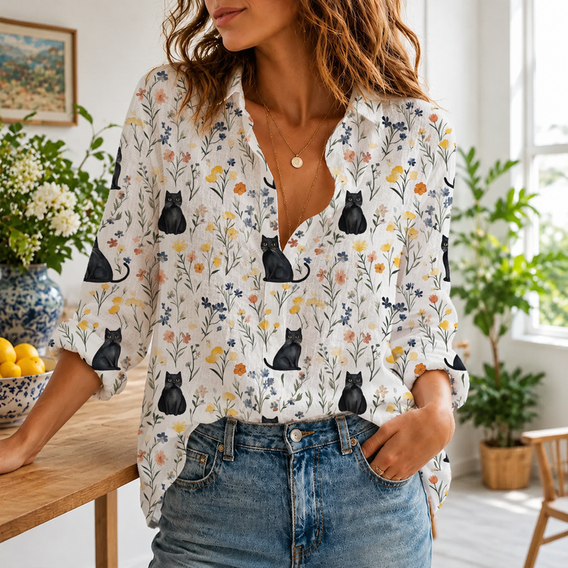 Black Cat Floral Summer Blouse | Gift For Cat Lovers