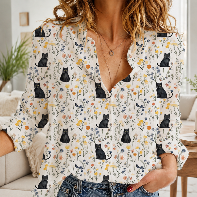 Black Cat Floral Summer Blouse | Gift For Cat Lovers
