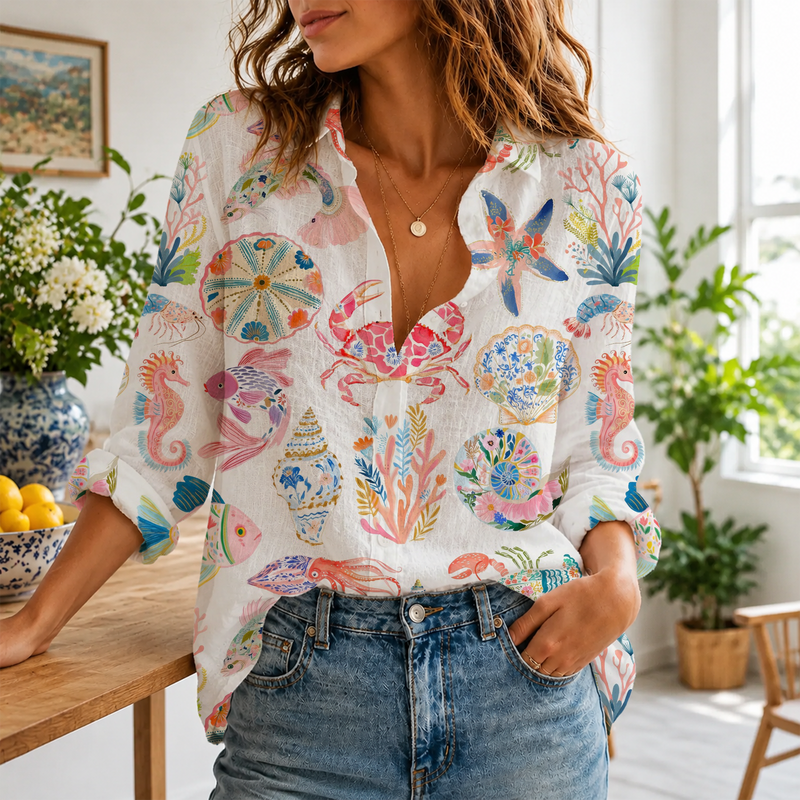 Ocean Sea Life Summer Blouse Shirt | Gift For Beach Lovers