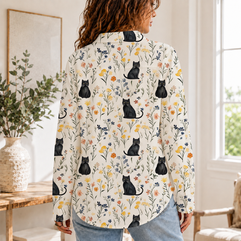 Black Cat Floral Summer Blouse | Gift For Cat Lovers