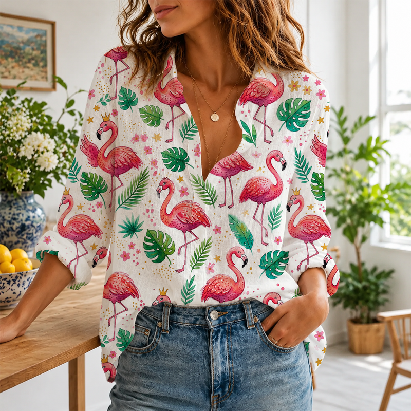 Tropical Flamingo Summer Blouse Shirt | Gift For Flamingo Lovers