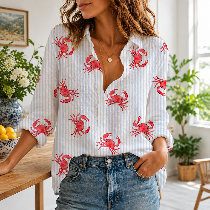 Crab Stripes Summer Blouse Shirt | Gift For Beach Lovers