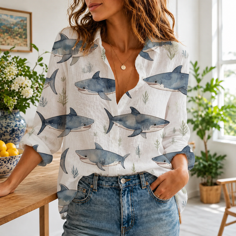 Watercolor Shark Women Blouse Shirt | Gift For Ocean Lovers