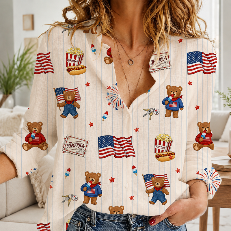Vintage Bear 4th Of July Blouse Shirt | Cute Patriotic Shirt For Women