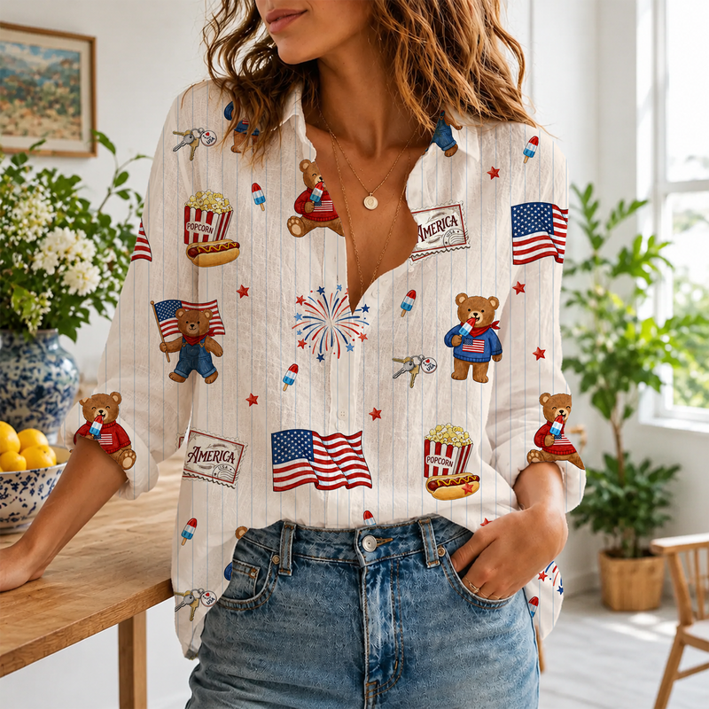 Vintage Bear 4th Of July Blouse Shirt | Cute Patriotic Shirt For Women