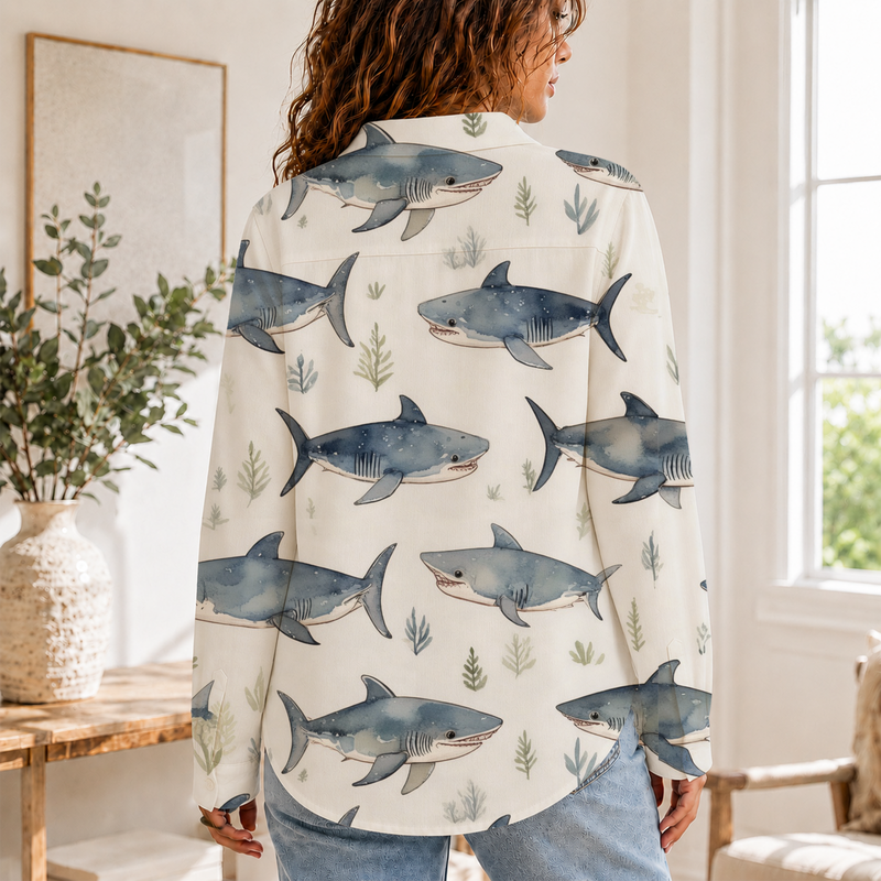 Watercolor Shark Women Blouse Shirt | Gift For Ocean Lovers