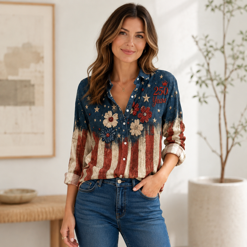 America 250 Years Flag Women Blouse Shirt | Gift For Patriotic Women