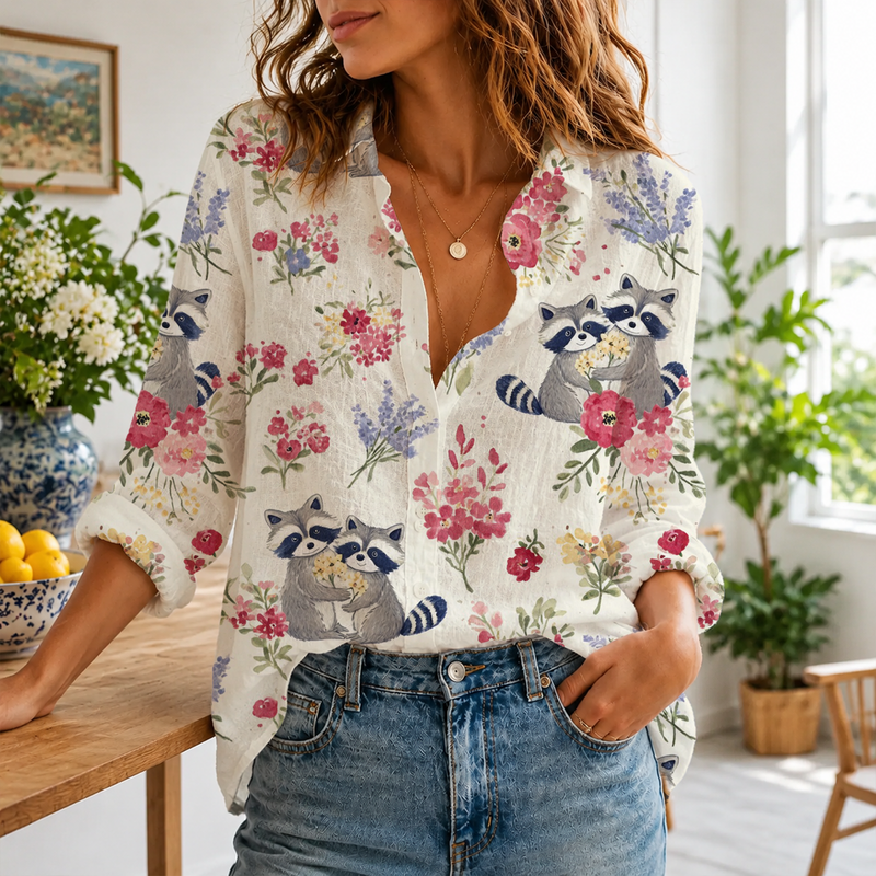 Raccoon Floral Women Blouse Shirt | Gift For Animal Lovers