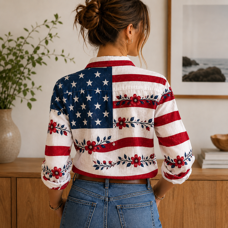 Floral American Flag Women Blouse Shirt | Gift For Patriotic Women