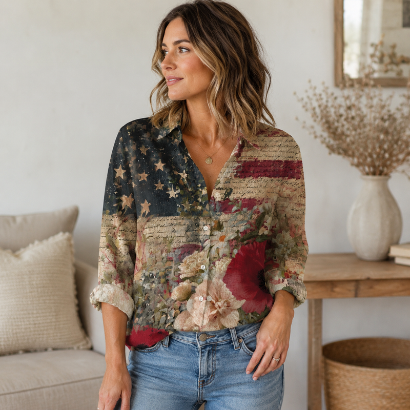Vintage American Flag Floral Women Shirt| Patriotic Gift For Her
