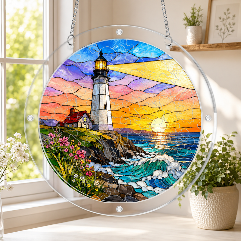 Lighthouse Acrylic Puzzle Suncatcher, Coastal Window Hanging Decor, Gift for Ocean Lovers