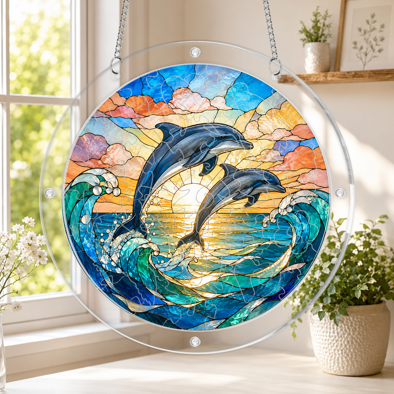 Dolphin Acrylic Puzzle Suncatcher, Coastal Window Hanging Decor, Gift for Ocean Lovers
