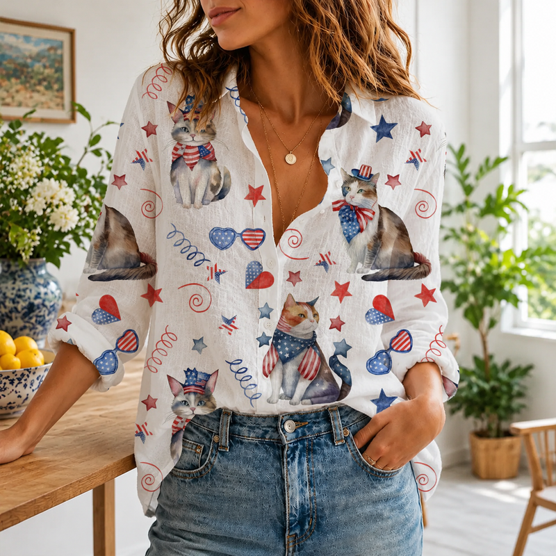 Cute Cat 4th Of July Blouse Shirt | Gift For Cat Lovers