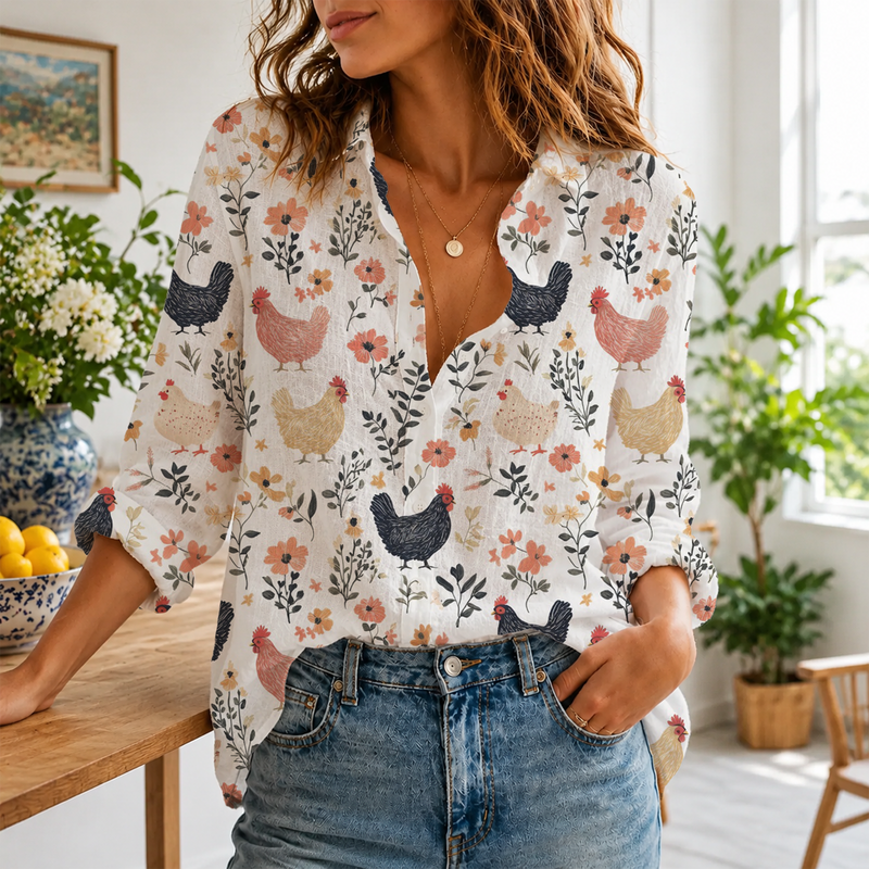 Rustic Chicken Floral Spring Blouse Shirt | Gift For Chicken Lovers