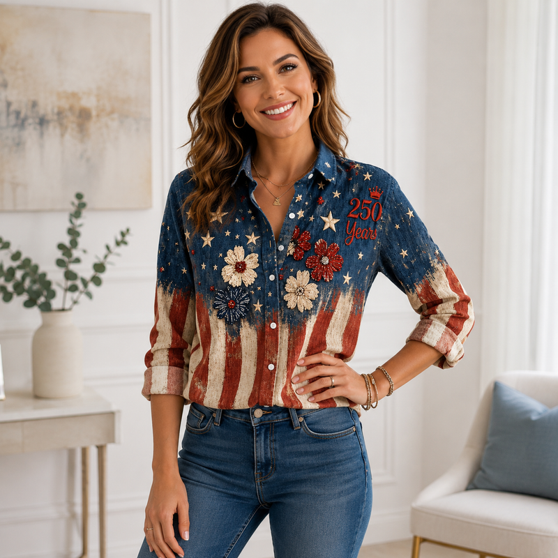 America 250 Years Flag Women Blouse Shirt | Gift For Patriotic Women