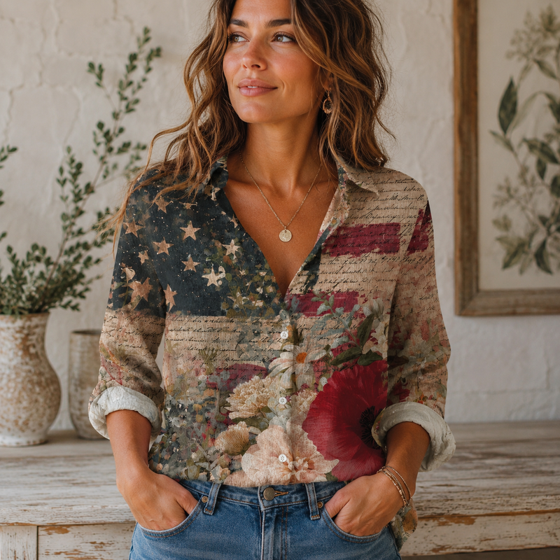 Vintage American Flag Floral Women Shirt| Patriotic Gift For Her