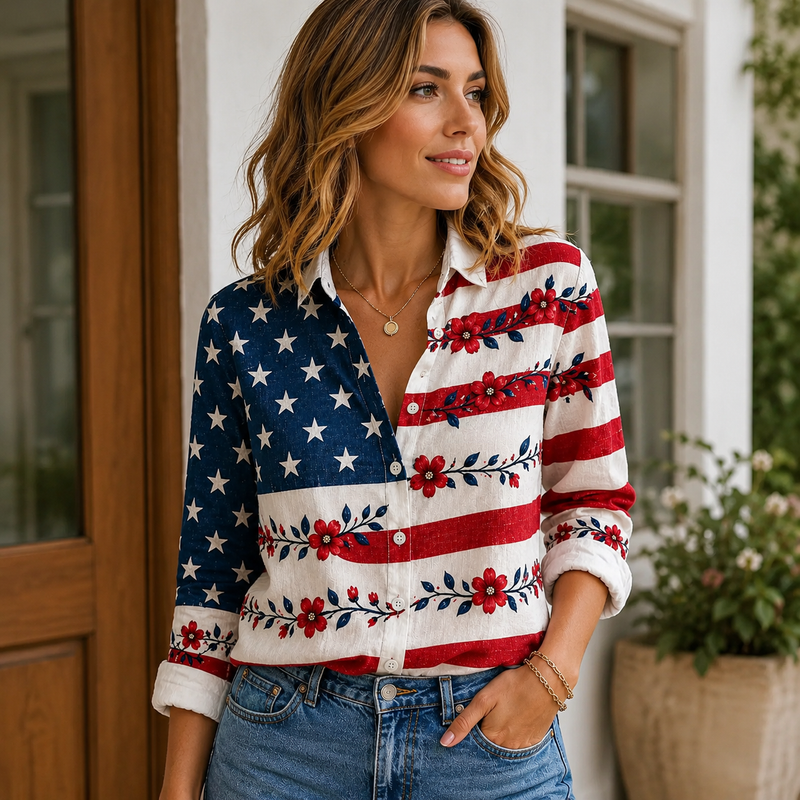 Floral American Flag Women Blouse Shirt | Gift For Patriotic Women