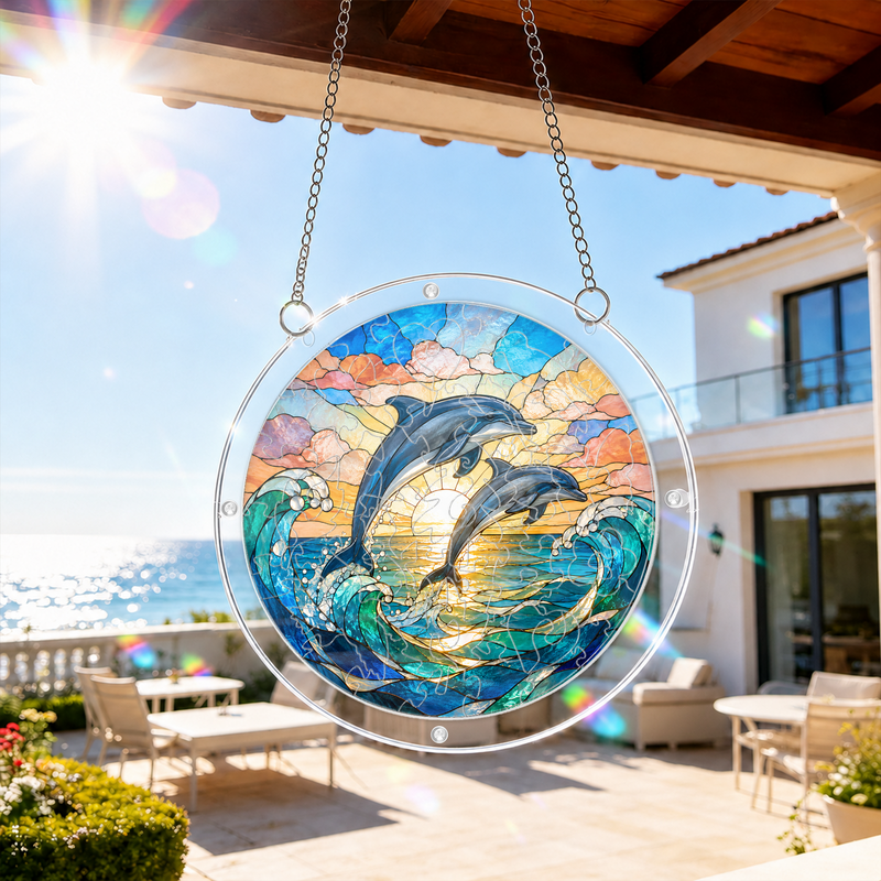 Dolphin Acrylic Puzzle Suncatcher, Coastal Window Hanging Decor, Gift for Ocean Lovers