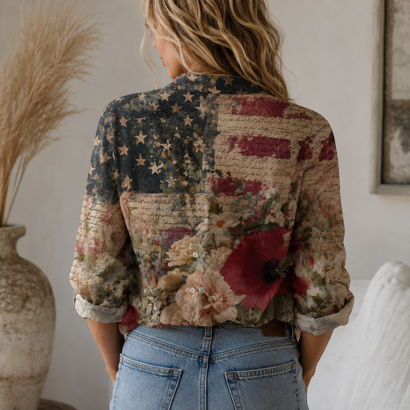 Vintage American Flag Floral Women Shirt| Patriotic Gift For Her