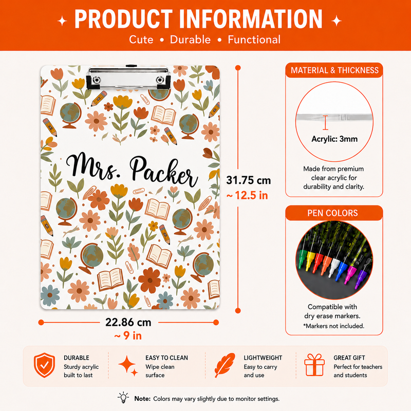 Flowers Acrylic Paper Clipboard | Gift for Teachers | Durable Clear Clipboard for Office & School Supplies