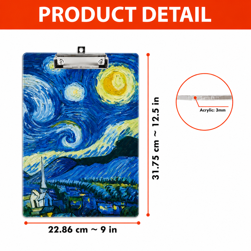 Van Gogh Acrylic Paper Clipboard for Teachers | Durable Clear Clipboard for Office & School Supplies