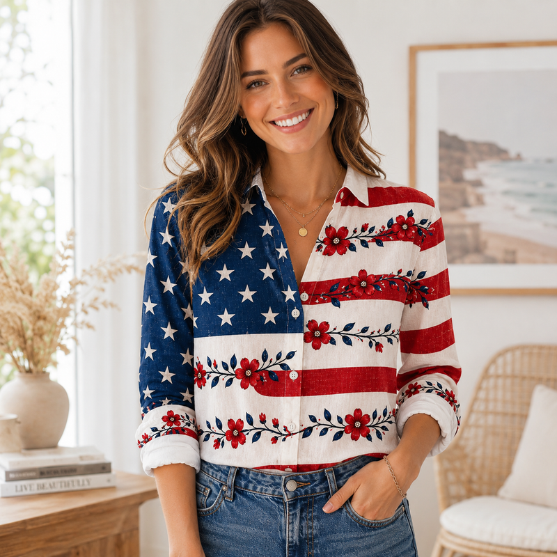 Floral American Flag Women Blouse Shirt | Gift For Patriotic Women