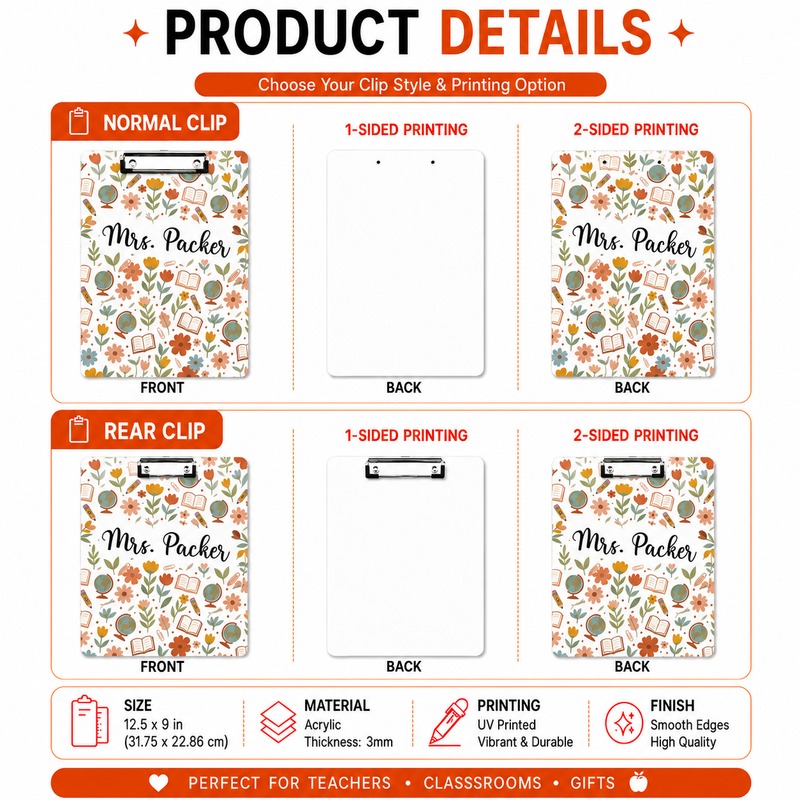 Flowers Acrylic Paper Clipboard | Gift for Teachers | Durable Clear Clipboard for Office & School Supplies