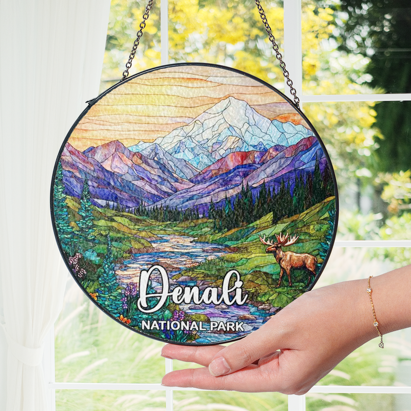 Denali National Park Stained Glass Suncatcher, Window Hanging Decor, Gift for Nature Lovers